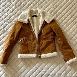 Zara Brown Aviator Moto Jacket with Faux Fur Lining & Trim